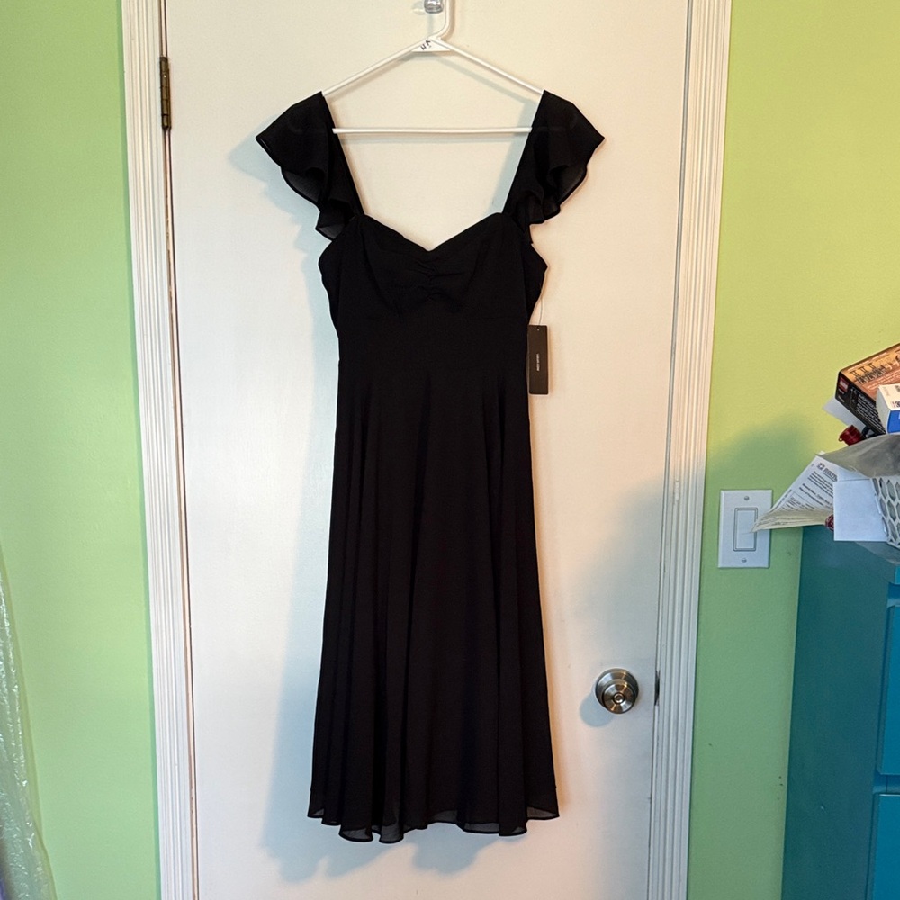 Lulu's Black Midi Dress with Ruffle Sleeves